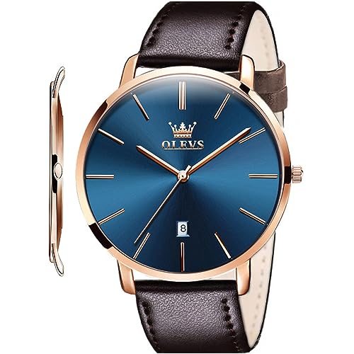 Image of OLEVS Men Leather Watches Black Ultra Thin 6.5mm Minimalist Dress Fashion Simple Casual Waterproof Date Watch for Men