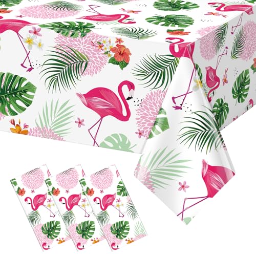 Image of 3 Pack Summer Flamingo Tablecloth Party Decorations, Hawaiian Tropical Plastic Table Cloth, Disposable Luau Table Cover for Summer Flamingo Picnic Birthday Party Supplies Decorations, 54 inch x 108 inch