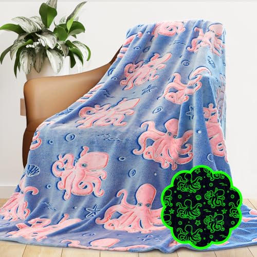 Octopus Toys Birthday Gifts for Boys Girls, Soft Blue Octopus Blanket for Kids Toddlers Travel, Glow in The Dark Ocean Sea Animal Fleece Throw Blanket for Bedroom Game Room Coastal Decor 50'x60'