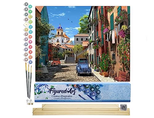 Figured'Art Pintar por Numeros Adultos Callejón y 2 coches - Manualidades pintura acrilica Kit Cuadro DIY completo - 40x50cm monta tu propio bastidor