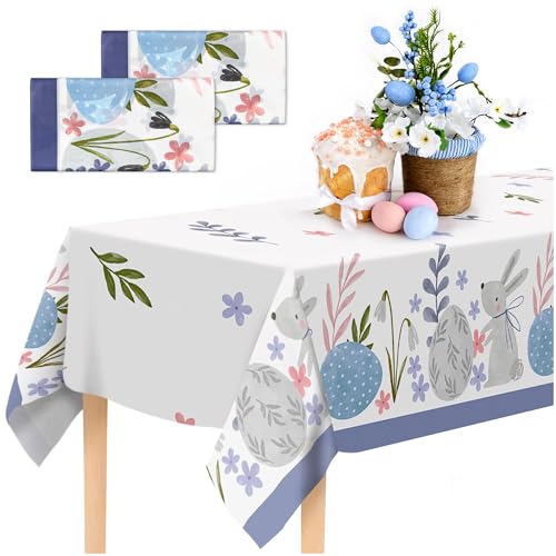 Image of Confettiville Easter Tablecloth, 2-Pack Disposable Easter Table Cloths, Easter Bunny and Eggs Table Covers, 54 x 108 Inches, Easter Party Decorations