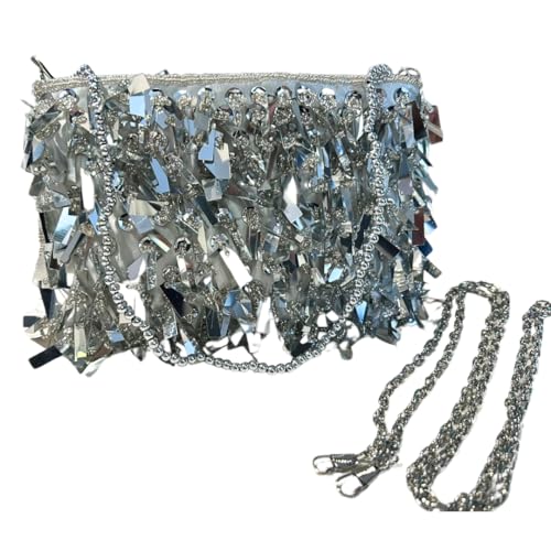 Bolsa Feminina Clutch Contas Brilhosas Festa Balada Noite (Prata, Pequeno)