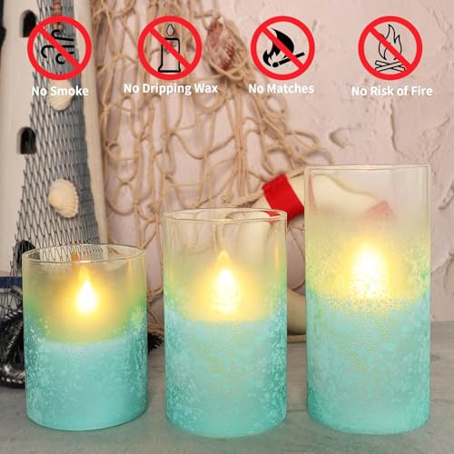Image of Blue Flameless Candles with Remote Aqua Glass Handmade Sandblast Battery Operated Candles Flickering Decorative LED Pillar Candles for Home Bathroom Coastal Theme Wedding Decorations