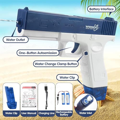 Image of VikriDA High Pressure Holi Pichkari Electric Water Gun with Free Extra Rechargeable Battery, Automatic Squirt Gun with 300CC Excellent Range 25-32 Feet with 2 Water Clip - Blue