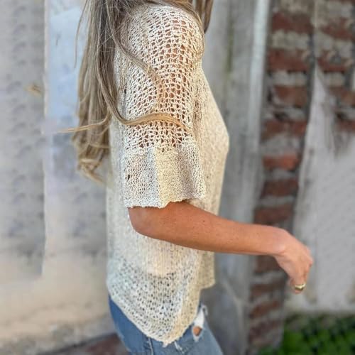 Hollow V-Neck Single Button Loose Short Sleeves, Cardigan Lightweight Button Down for Women V Neck Loose Knit3