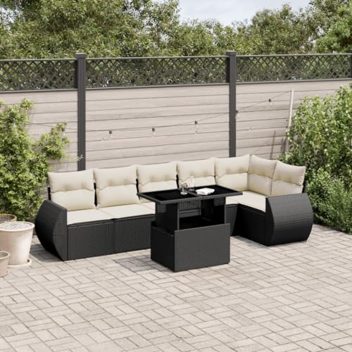 Qnhdfrt Garten Sofagarnitur 7 teilig Schwarz PE Rattan mit Kissen und...
