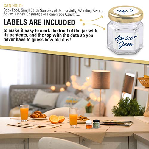 SKEMIX 1.5 oz Hexagon Mini Glass Jars with Gold Lids and Labels (Pack of 24) - Thumbnail 5