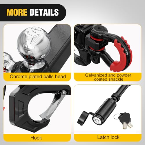 Image of Nilight Trailer Hitch Tri-Ball Mount with Hook and Rotatable Tow Anti-Theft 3 /4 inch Shackle Fits for 2inch Receiver Ball Size 1-7 /8 inch 2 inch 2-5 /16 inch GTW from 5000lbs to 10000lbs for RV SUV ATV Truck
