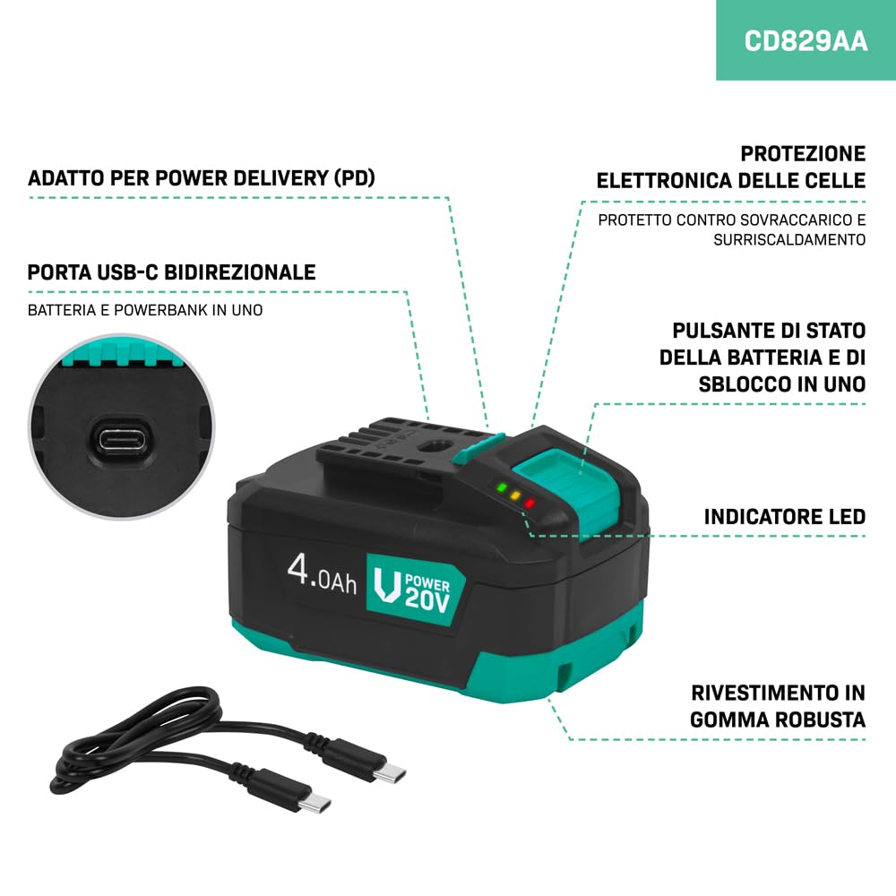 VONROC Batteria 20V - USB-C Bidirezionale, Power Delivery, Protezione Elettronica, Compatibile con Strumenti VONROC