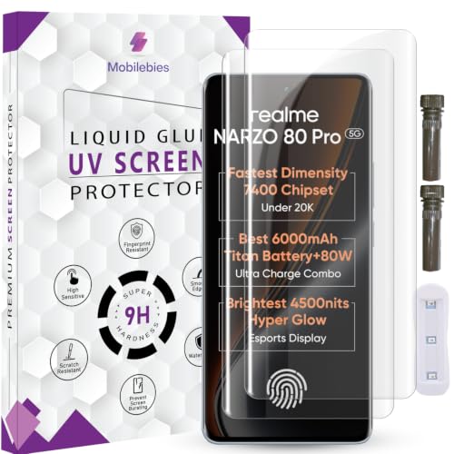 Image of Advanced HD+ UV Tempered Glass Screen Protector For Realme Narzo 80 Pro 5G (6.72 Inch, Pack of 2) Full Adhesive UV Curved Screen Guard, Case Friendly with installation kit