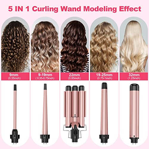 Image of Curling Wand Set, Curling Iron Interchangeable 3 Barrel Wand Curler with Ceramic Tourmaline Professional 5 in 1 Wand Curling Iron,for Women with Curler and Waver