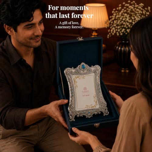 Image of Diviniti Vintage Silver Photo Frame with Blue Crystal Accents | Antique Decorative Tabletop Picture Frame | Ornate Floral Metal Frame for 4x6 Inch Photos | Luxury Home Decor Gift for Living Room & Bedroom