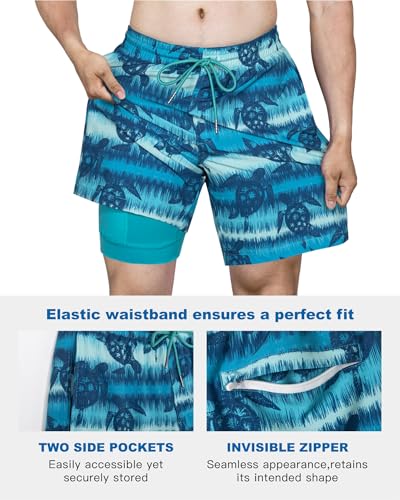 Image of SURF CUZ Mens Swim Trunks with Compression Liner Swim Shorts 7 inch Swimming Trunks Stretch 7 Inch Swim Suits Quick Dry