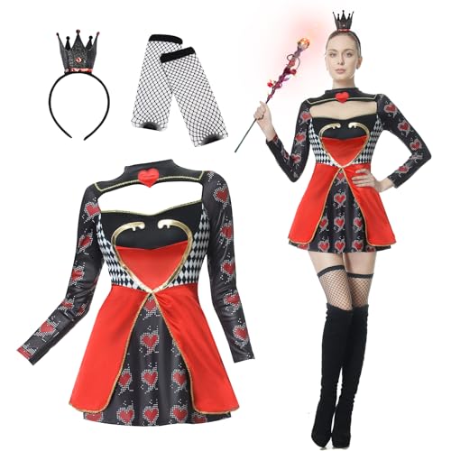 JONRRYIN Herzkönigin Kostüm Damen, Karneval Königin Kostüm Damen, Herzdame kostüm mit Kleid, Krone und Socken für Erwachsener Fasching Cosplay...