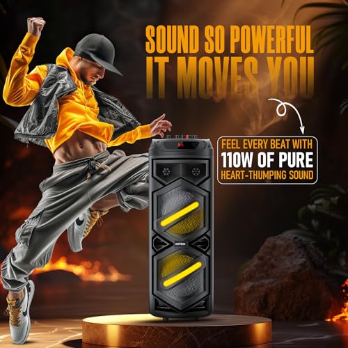 Image of Intex Thriller 1100 Trolley Speaker | 110W Sound Output | Rechargeable Battery | Karaoke Wireless Mic | Mobile Holder | RGB Lights | FM /USB /AUX /BT Playback | 8 inch Woofer (Black)