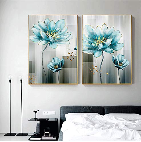 Abstracte Blauwe Bloem Canvas Schilderij Moderne babyblauw Wall Art Foto voor Woonkamer Goud Print Salon Decoraties… - Image 4