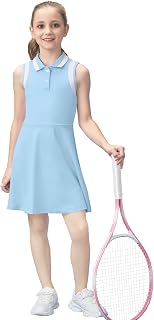Girls Tennis Dress Sleeveless Quick-Dry Kids Golf and Athletic Workout Outfit with Polo Collar for 6-14Y
