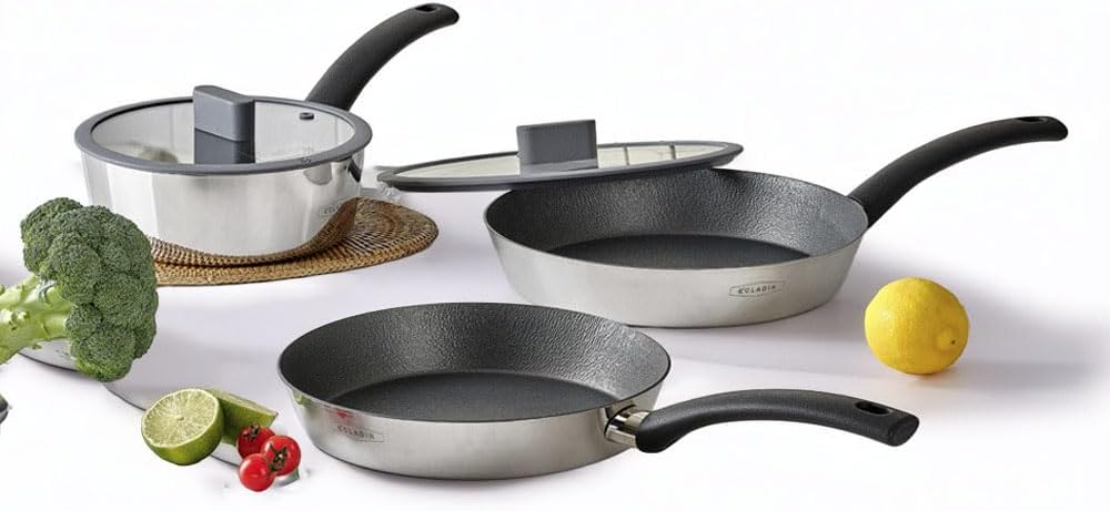 CLADIN 3-Ply Stainless Steel Tapered Frying Pan Set, PFOA & PFOS Free Nonstick, Induction Compatible, Durable Clad Cookware with Glass Lids, 5-Piece Set, Made in Korea, Exclusive Product