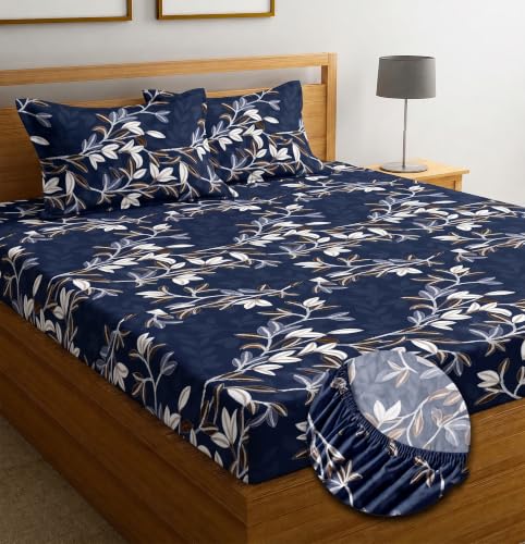 Image of IVAZA Ezyption Cotton Super Soft 240 TC Elastic Fitted All Around Elastic Printed King Size Double Bed Bedsheet with 2 Pillow Cover 72 inch X 78 inch3 Slate Blue