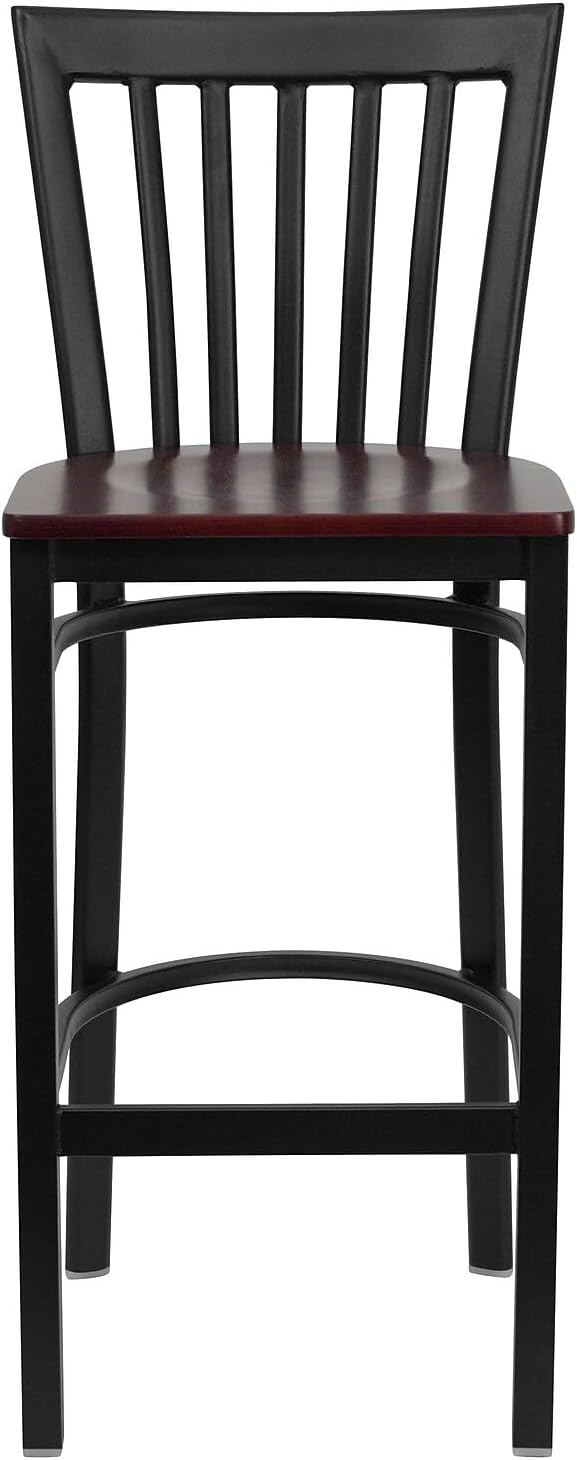 Flash Furniture HERCULES Series Black School House Back Metal Restaurant Barstool - Mahogany Wood Seat