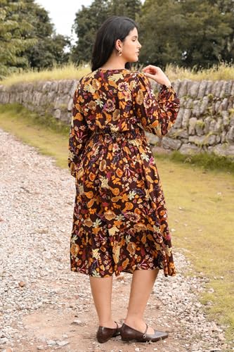 CARCOS Women's Plus Size Boho Floral Fall Dress Long Sleeve V Neck Wedding Guest Cocktail Party Flowy Midi Dress XL-5XL4