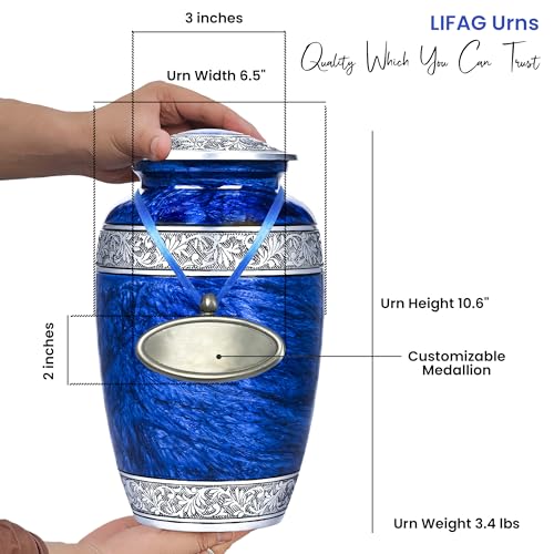 Image of Hand-Engraved Blue Urn for Ashes Adult Male & Female with Velvet Bag & Medallion | Blue Marble Finish Metal Cremation Urns for Human Ashes Adult Man | Elegant Burial & Funeral Urn, Large, 220lbs