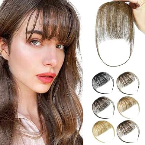 SHEDOWIG Wispy Clip on Bangs 100% Human Hair Extensions Curved Fringe Hairpiece for Women's Daily Wear Norm Light Brown Cover