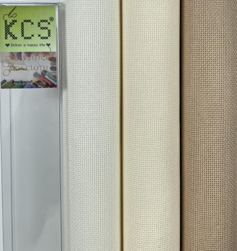 Image of KCS 3 pc of 15 inch x 18 inch(38cmx45cm) 18 Count Cross Stitch Cotton Aida Cloth Needlework Rolled Fabric Box,18CT,Antique White +Cream+Khaki