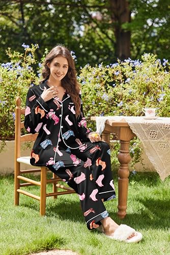 Image of Ekouaer Womens Satin Pajama Set Classic Pattern Silky Pj Sets Button Down Sleepwear Loungewear