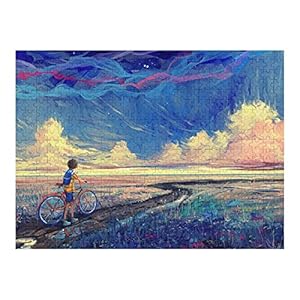 Houten puzzel 500 PCS voor volwassenen en kinderen, jongen op fiets abstracte anime landschap moeilijke uitdaging…