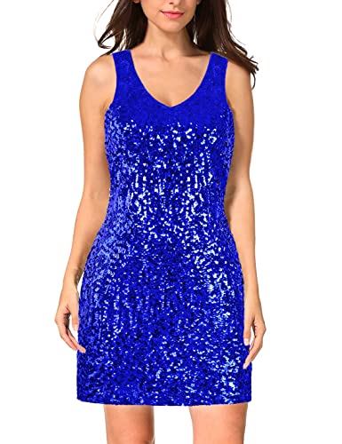 MANER Women's Sequin Dress Sparkly Glitter V-Neck Sleeveless Party Club Cocktail Tank Dress (Large,Royal Blue)