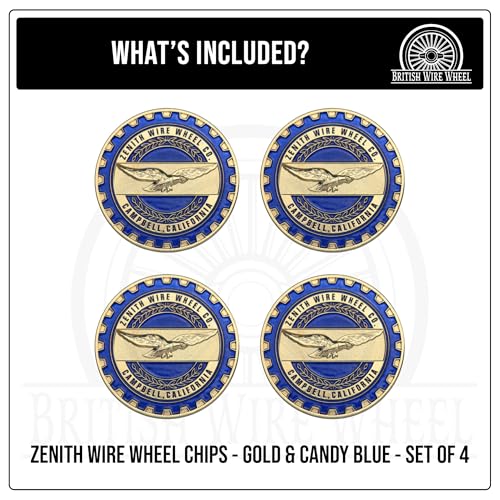 Image of Zenith Gold & Candy Blue Metal Wheel Chip Emblems (Set of 4) | 24K Triple Gold Plated Solid Metal Wheel Chip Emblems, 2.25 inch | for Lowriders w /Cut or Recessed Knock Off Spinner Caps
