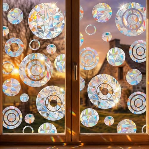 45 Stück Suncatcher Sticker Prisma Fensteraufkleber, Runden Vogel Antikollisions Fensteraufkleber, Sonnenfänger Fenster Statisch Haftend für Glasfenster und Türen, Verhindert Vogelschlag