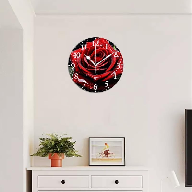 Battery Operated Round Wall Clock Non-Ticking Silent Analog Clcok Decorative for Living Room,Office,Kitchen-Red Rose with Water Droplets(14inch)