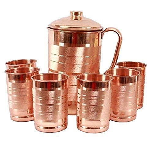 COPPER COUNTER Copper Tamba Water jug with Lid and 6 Copper Glass Set (250 ml Each) Tamba Jug 1500 ml
