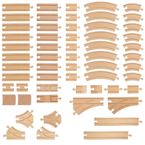 Wooden Train Tracks 58 Piece Set, Track Expansion and 9 Distinct Pieces - 100% Compatible with All Major Brands Including Thomas Wooden Railway System