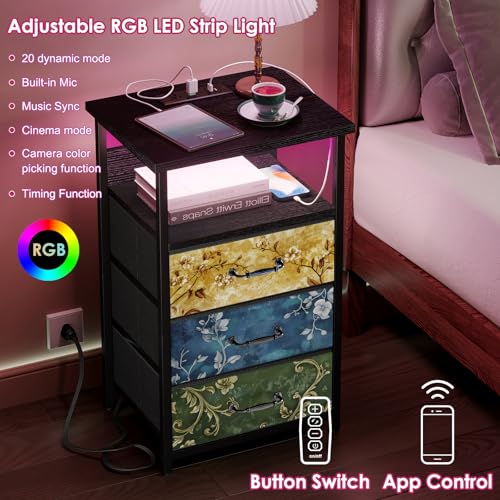 Image of Fixwal Night Stand with Charging Station, LED Nightstand with U-S-B Ports and Outlets, 3 Fabric Storage Drawers with PU Finish, Bedside Table, Vintage Flower