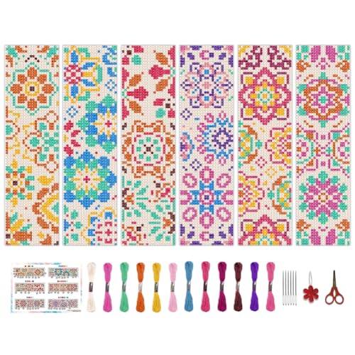Image of BEUNITONE 6 Pcs Mandala Cross Stitch Bookmark Kits for Beginners DIY Stamped Embroidery Bookmark Kit Colorful Floral Punch Needle Set with Instructions Craft Kit for Book Lover Gifts 8''x2.4''