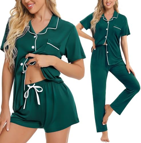 Image of SWOMOG Womens 3pcs Button Down Pajamas Set Short Sleeve Sleepwear Bride Pj Lounge Set with Long Pants
