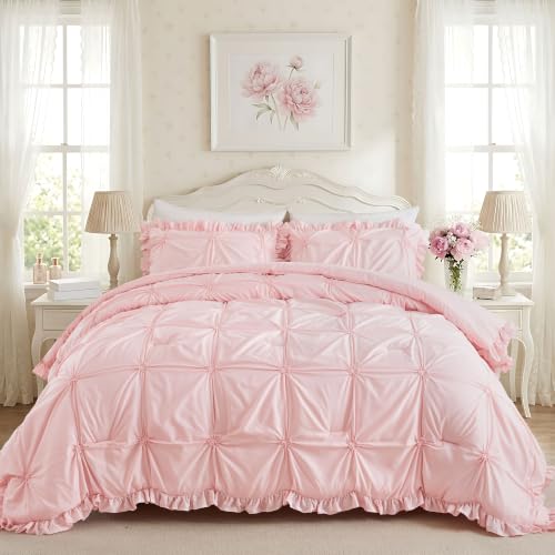 Image of Full Size Comforter Sets for Girls, 5 Pieces Bed in A Bag Full Size Bedding Sets with Ruffles Jacquard Embroidery Comforter, Fitted Sheet, Flat Sheet and 2 Pillowcases, Pink