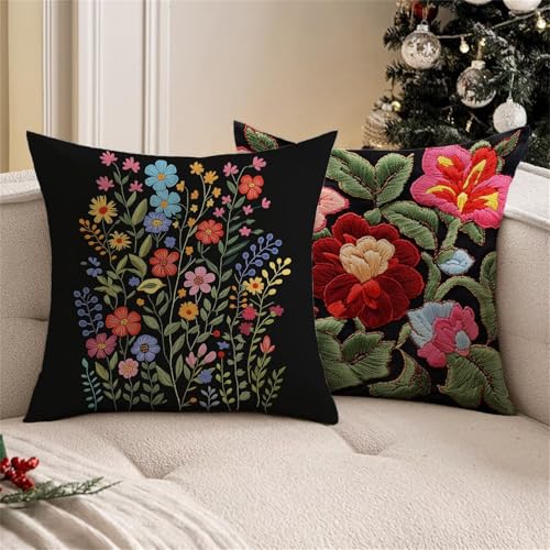 Kissenbezug Schwarz Outdoor Kissen 80x80cm Wetterfest, Sofakissen Blume Kissen 2er Set, Leinen Abstrakt Dekokissen mit Verstecktem ReißVerschluss Easter Zierkissenbezug Outdoor Deko Gartendeko K0-6 – Bild 4