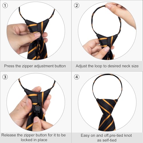 Image of DiBanGu Silk Zipper Ties for Men,Paisley Solid Plaid Pre-tied Tie and Pocket Square Cufflinks Set Formal Adjustable Necktie