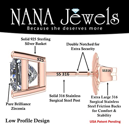 NANA Jewels Princess Cut Simulated Diamond Stud Earrings Silver & CZ 1.50ct - 4.00ct Hypoallergenic2