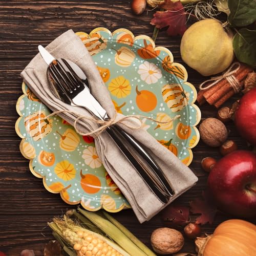 Image of Confettiville Thanksgiving Paper Plates, 50-Count Disposable Thanksgiving Dinner Plates, Scalloped, Party Supplies, Pumpkins, Mint Green