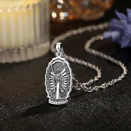 Vito Sterling Silver 925 La Santa Muerte Necklace for Men Women, Skull Necklaces Grim Reaper Pendant Holy Death Original Jewelry Gift, 24“3