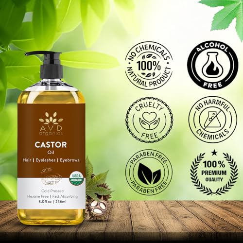 Image of AVD ORGANICS Castor Oil 236 ML 100% Pure USDA Certified Organic Castor Oil for Hair Growth Big Bottle with Pump (8 oz)