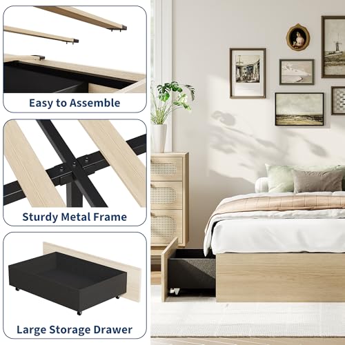Image of GarveeHome Twin Size Wood Platform Bed Frame with 2 Storage Drawers, Wooden Bed Frame Without Headboard, Wood Slat Support, No Box Spring Needed, Easy Assembly