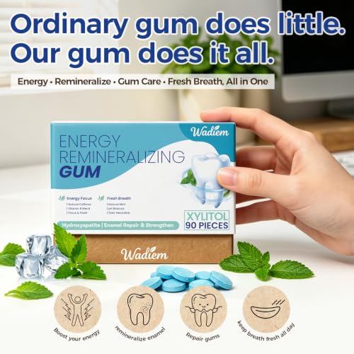 Remineralizing Gum with Nano-Hydroxyapatite & Xylitol | 90 Pieces | Energy & Focus Chewing Gum with Caffeine + L-Theanine, Repair for Gum Teeth, Extra Strong Mint Breath Freshener, Sugar Free - image 7
