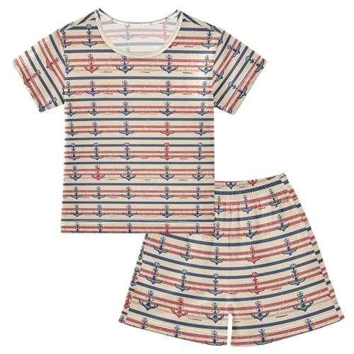 ALAZA Ship Anchor Nautical Stripes Pajama Set Short Sleeve Sleepwear Soft Lounge Nightwear