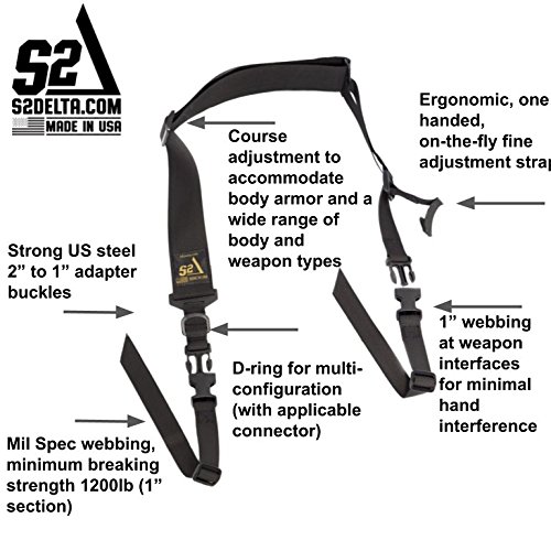 S2Delta - USA Made 2 Point Rifle Sling, Quick Adjustment, Modular Attachment Connections, Comfortable 2" Wide Shoulder Strap to 1" Attachment Ends (Black Sling, Pigtail Connector) - Thumbnail 4